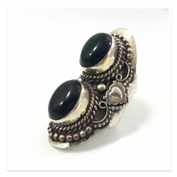 Boutique Jewelry - Imported Double Black Onyx Silver Adjustable Ring