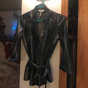 BCBG SILVER, black, blue striped belted shirt