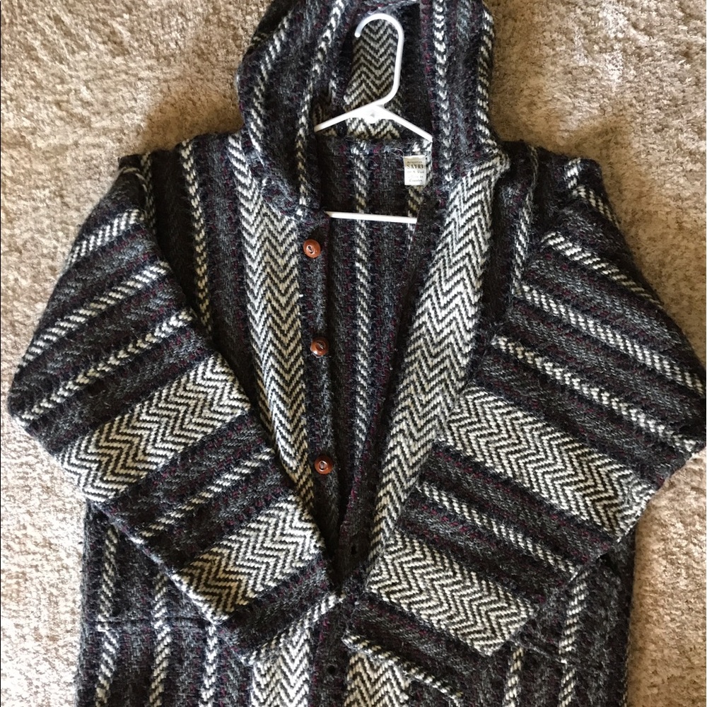 Men's Large 100% Wool Button Up Jacket With Hood