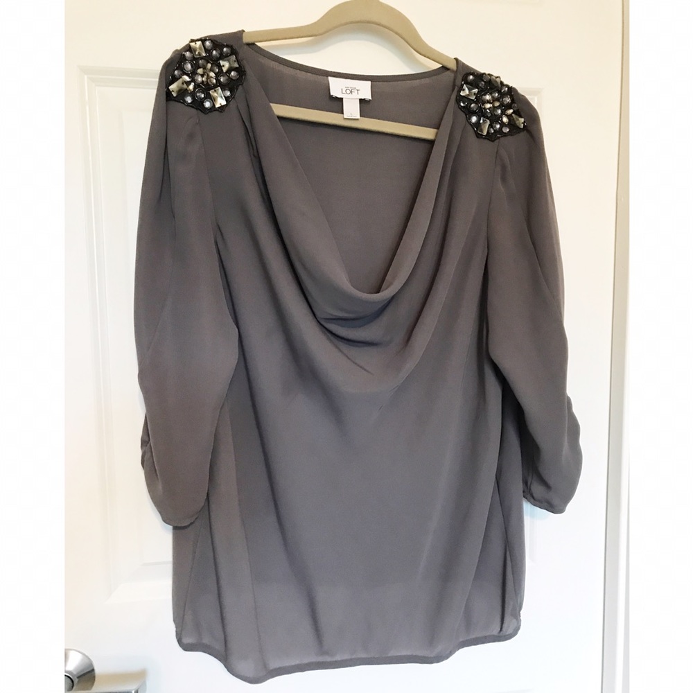 Grey chiffon blouse w/ embellished shoulders