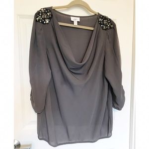 Grey chiffon blouse w/ embellished shoulders