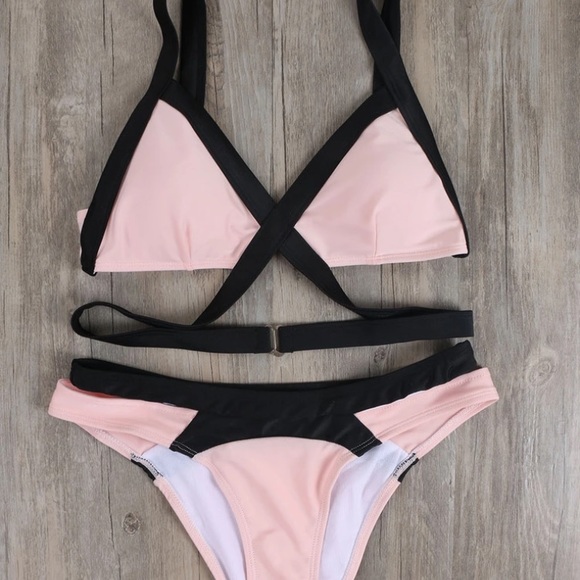 ‘Genevieve’ Light pink black strappy wrap bikini - Picture 2 of 7
