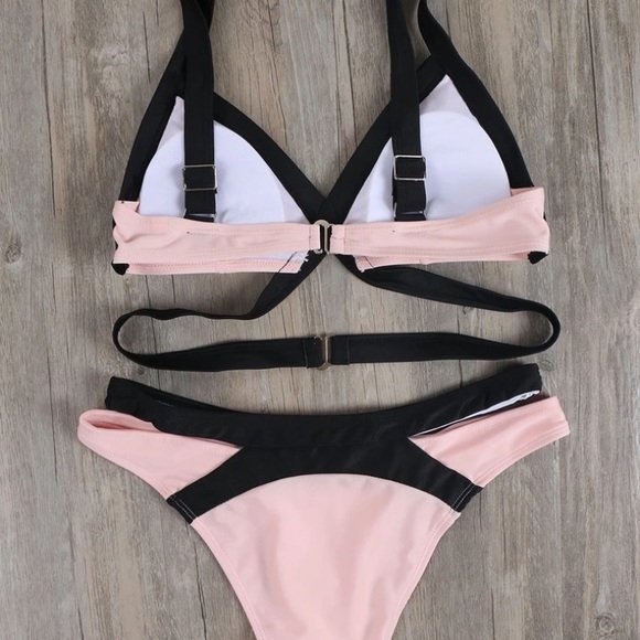 ‘Genevieve’ Light pink black strappy wrap bikini - Picture 3 of 7