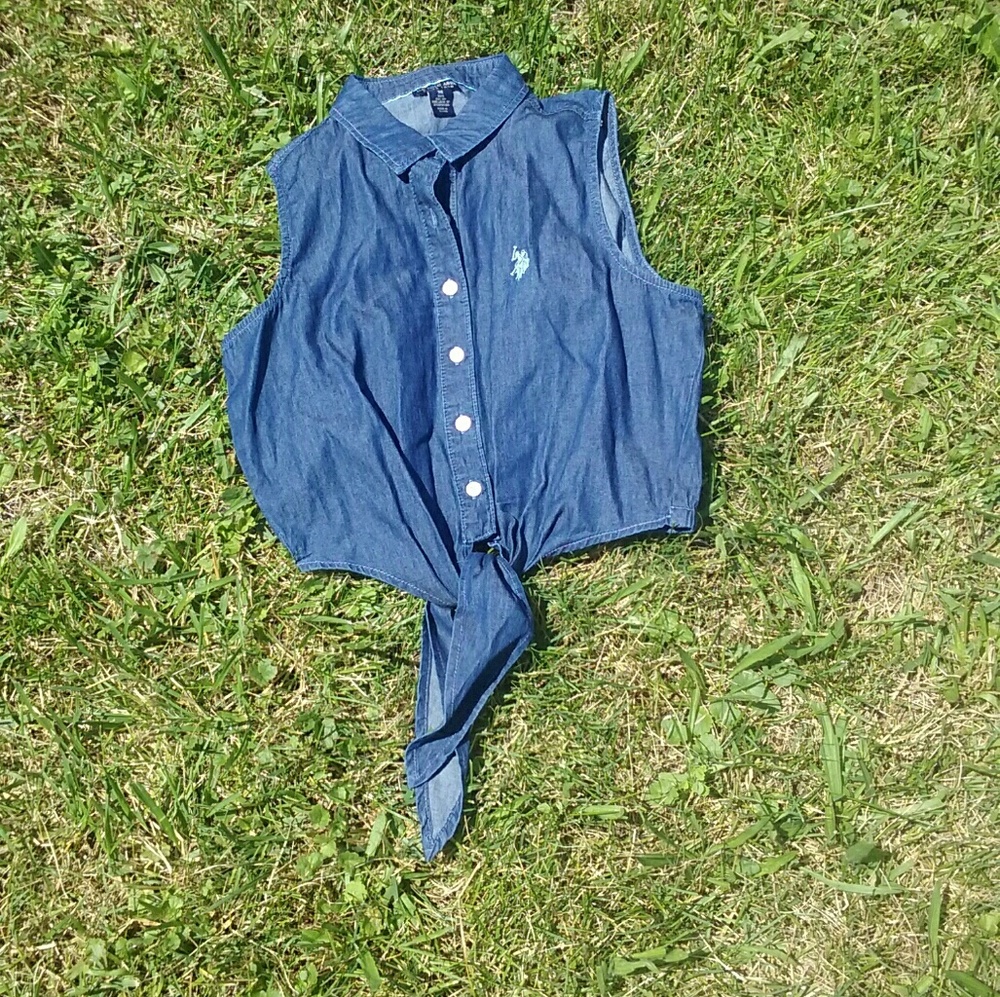 Jean polo button up crop top