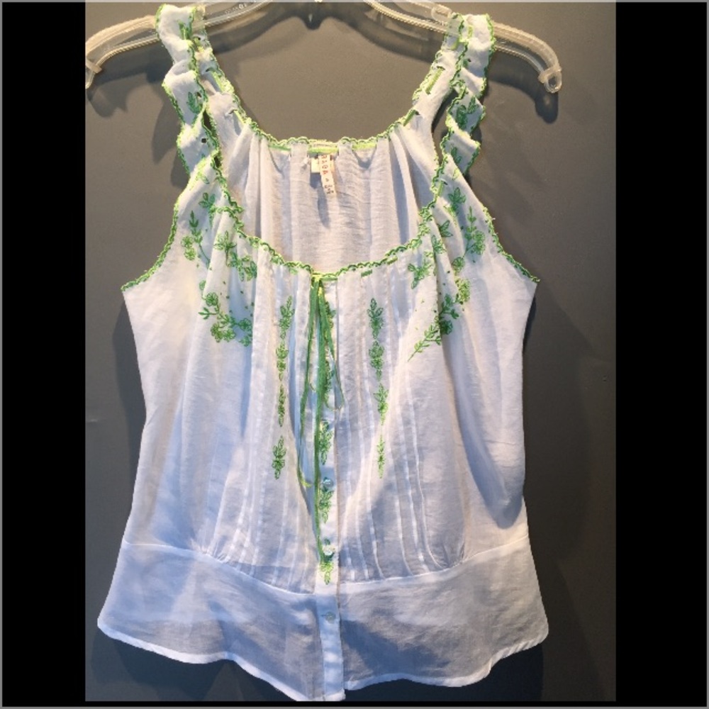 Raga Tank w/Green embroidery and Ribbon Cinch