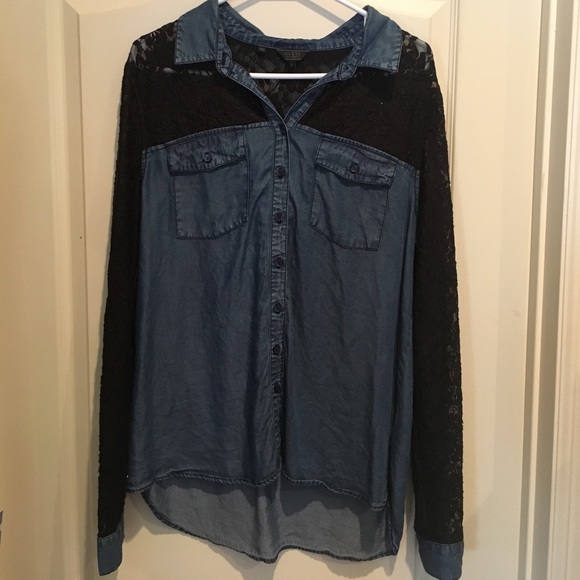 Large button up denim and lace tunic top by Guess - Picture 1 of 4