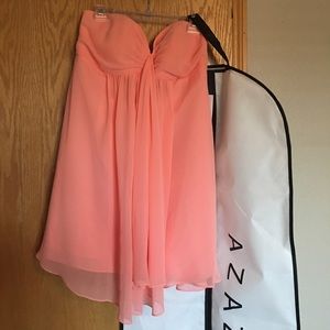 Coral strapless dress from Azazie. Style: JESSICA