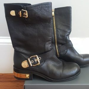 Vince Camuto black Winchell moto boots gold bling