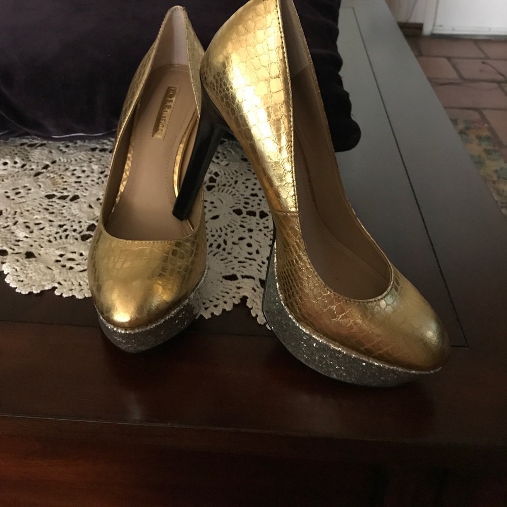 Gold silver and black heels