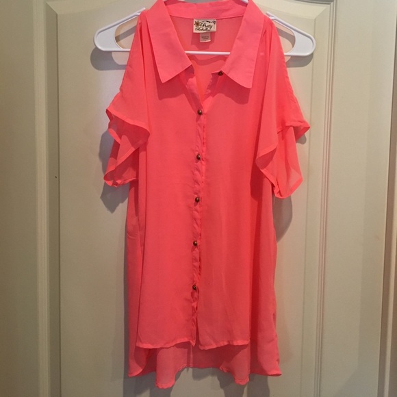 Bright pink chiffon open shoulder button down tee - Picture 1 of 6