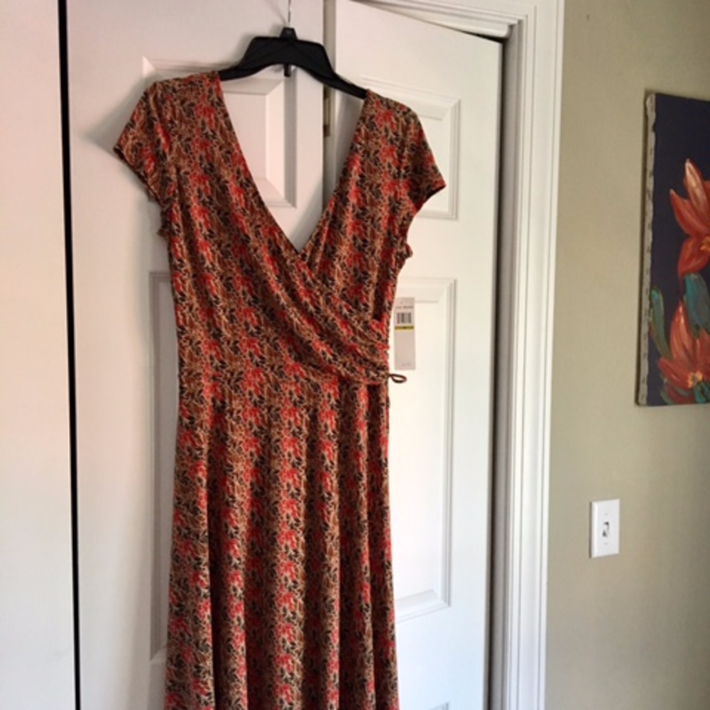 London Times Red and Black printed faux wrap dress