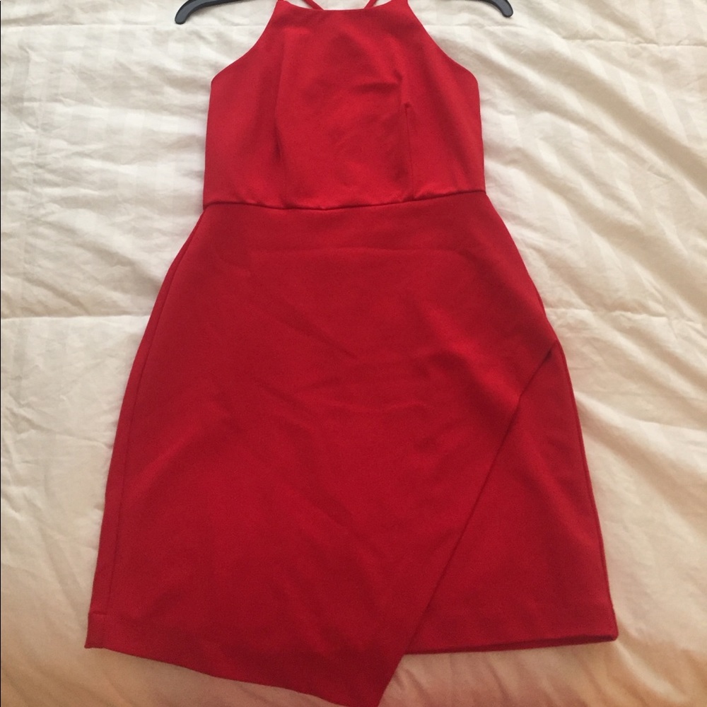 Red high neck dress
