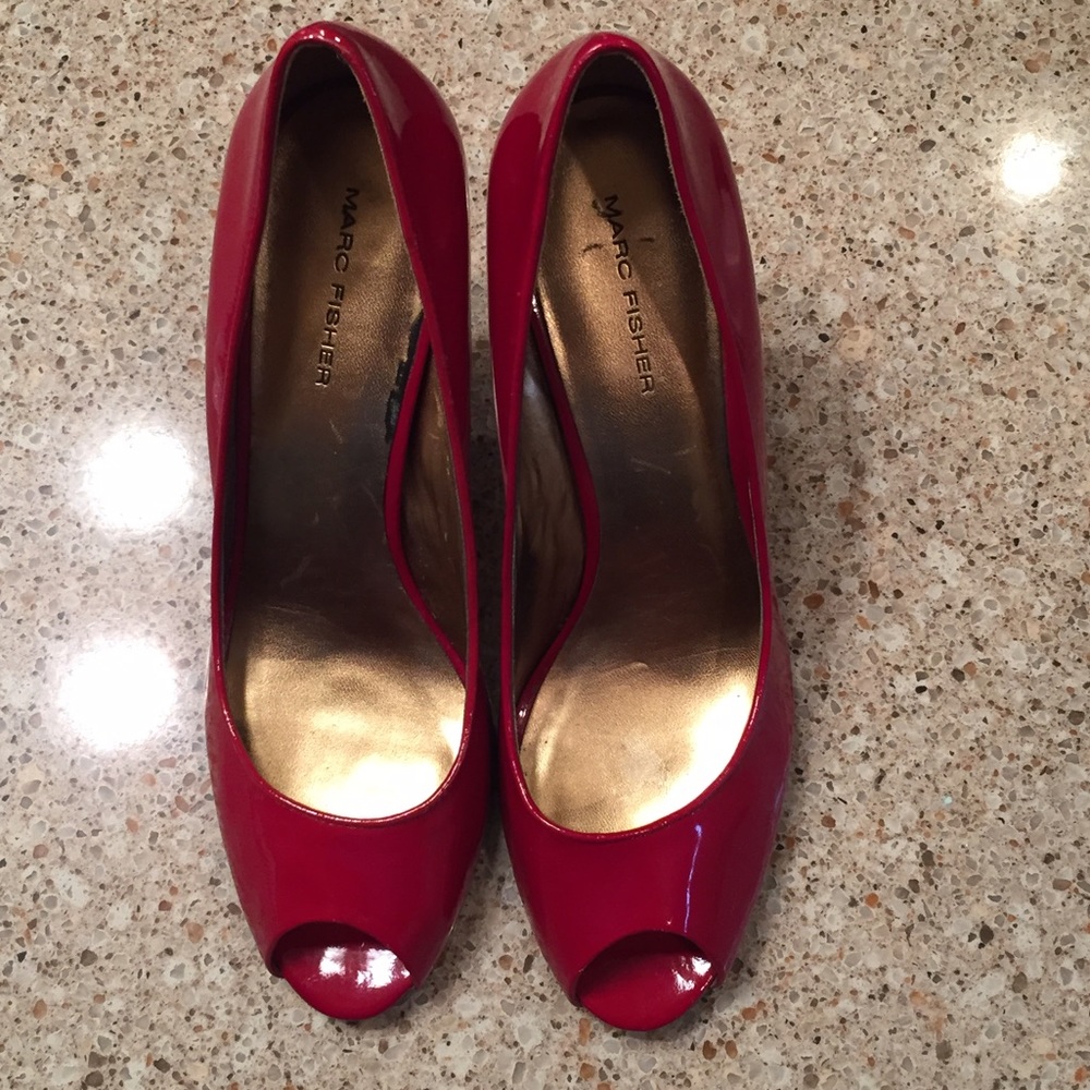 Marc Fisher red patent open toe pumps. Size 9.