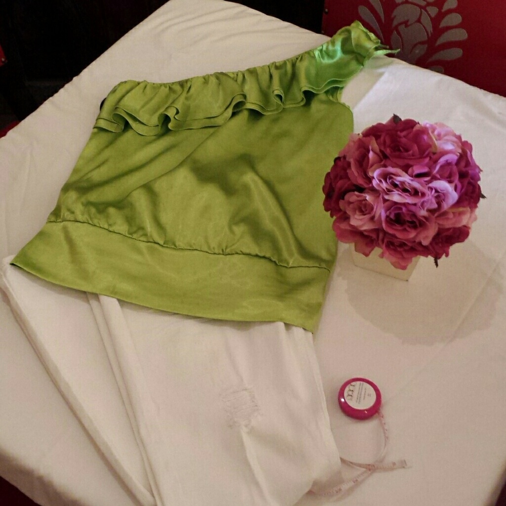 Satin green one shoulder top