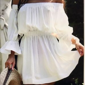 Pleated Off Shoulder Bubble Sleeve Mini Dress