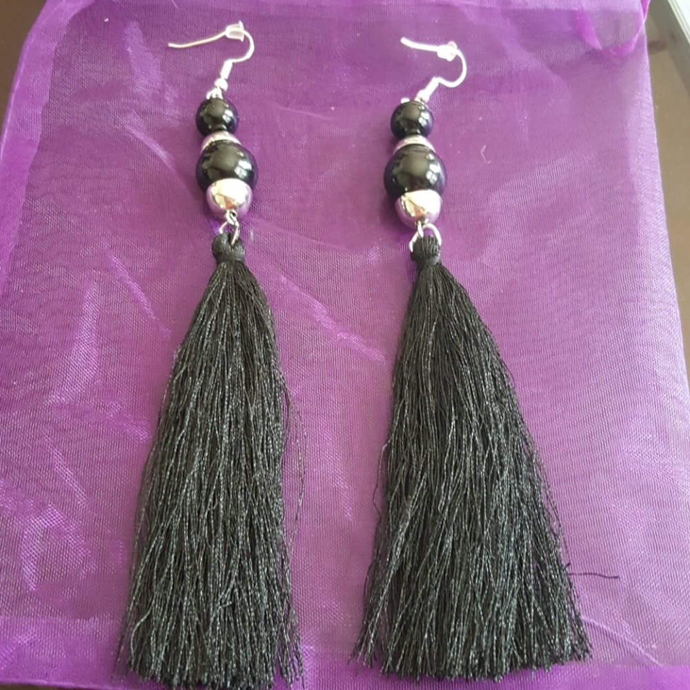 Black Faux Pearl Tassel Earrings~NWT
