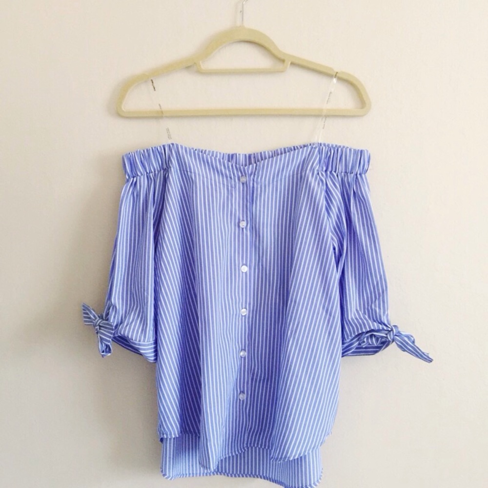 NEW Off The Shoulder Stripe Button Down Top