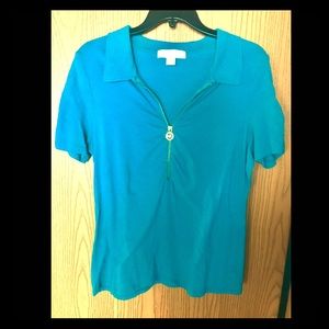 Michael Kors Teal Blue polo w gold zip - Sz Large