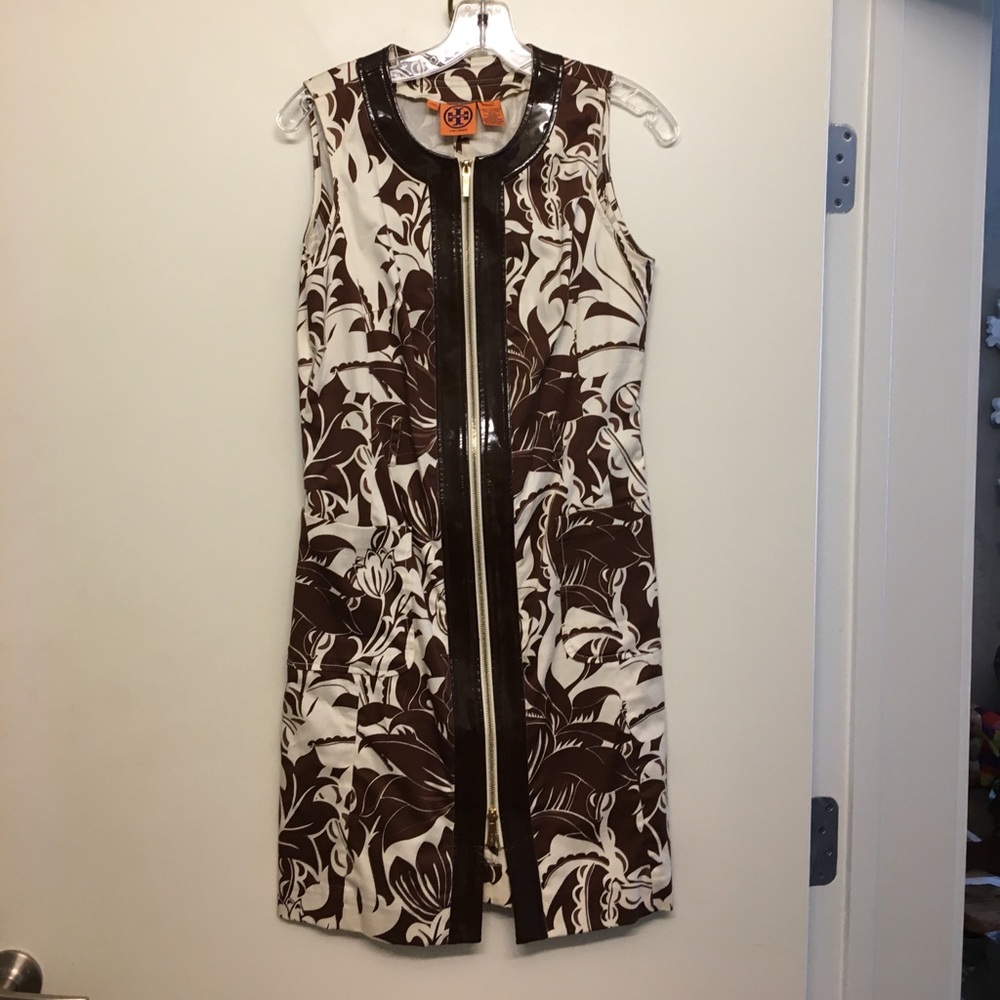 Tory Burch sleeveless dress, patent leather detail