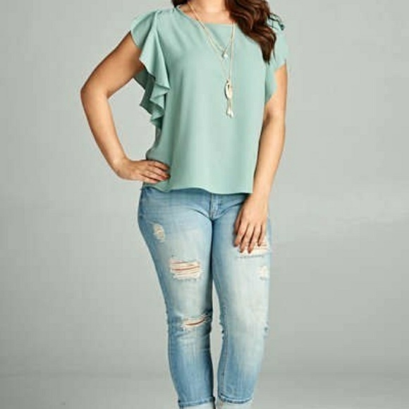LAST ONE! Plus Mint Green Flutter Sleeve Top - Picture 2 of 5