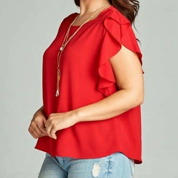 LAST ONE! Plus Red Flutter Sleeve Top - Picture 2 of 4