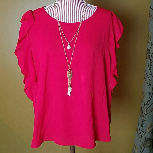 LAST ONE! Plus Red Flutter Sleeve Top - Picture 3 of 4
