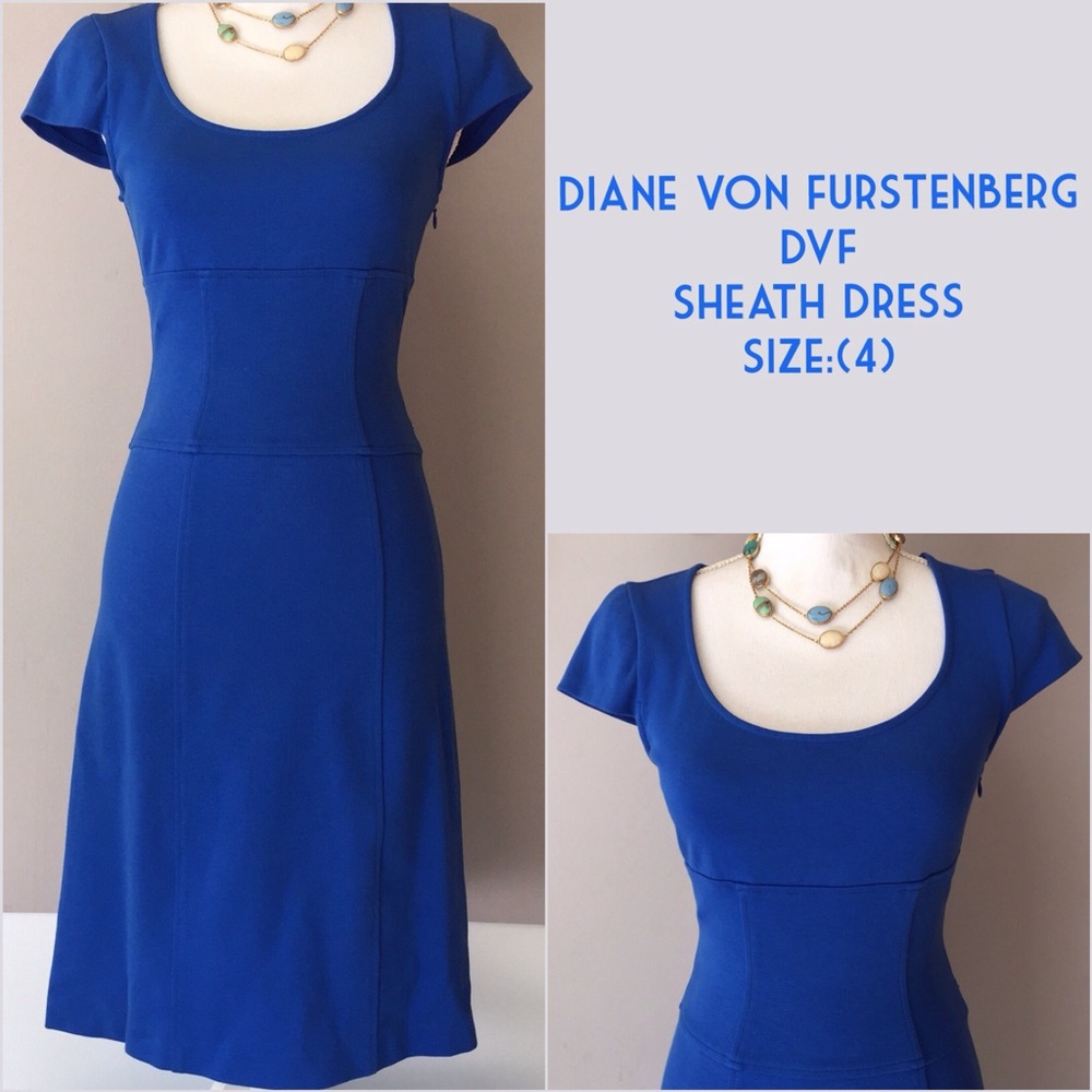 DVF Women's Cap Sleeve Sheath Work Dress, Blue EUC