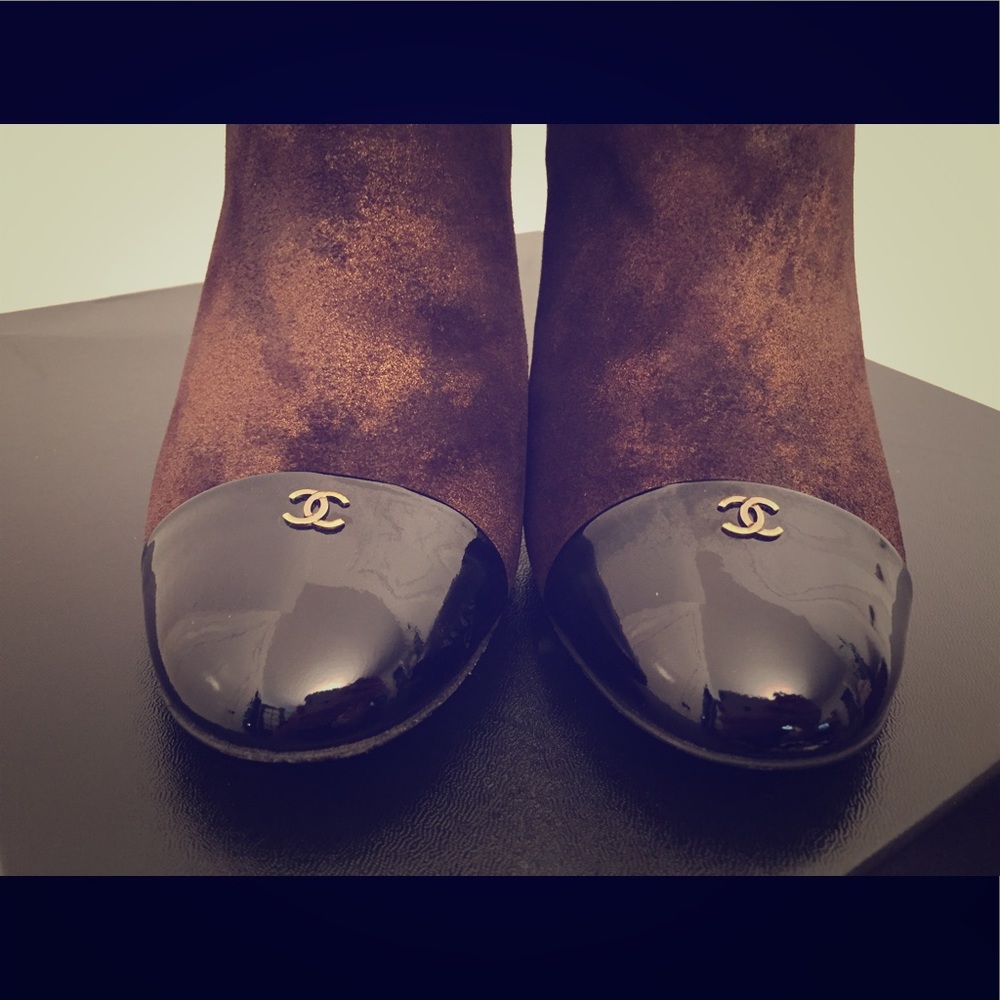 CHANEL Suede Short Boots with Patent Toe Caps