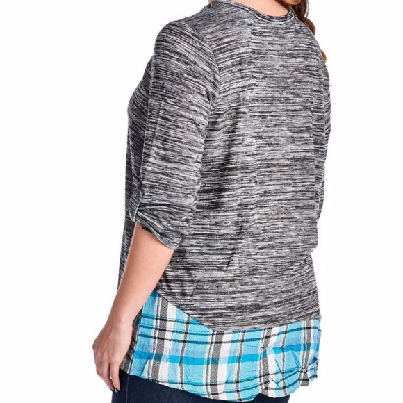 Plus Black & Grey Jersey Plaid-Layered V-Neck Top - Picture 2 of 2