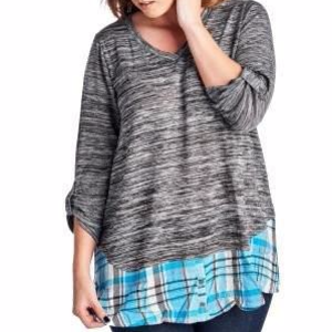 Plus Black & Grey Jersey Plaid-Layered V-Neck Top