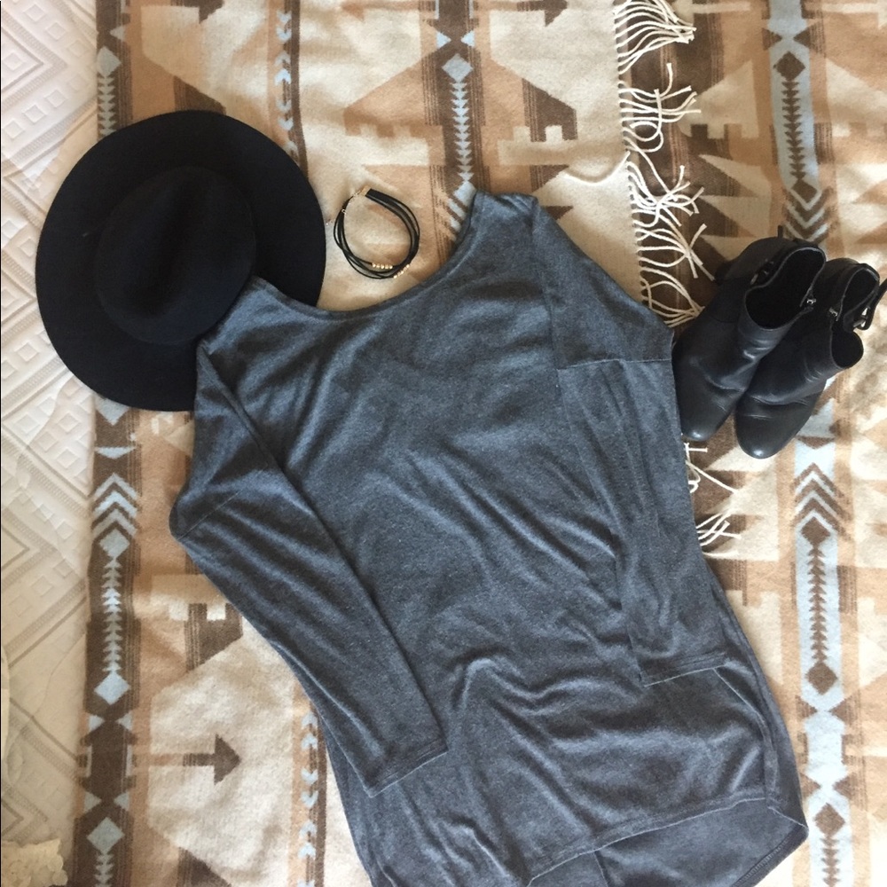 Grey dress with cross-hatched back