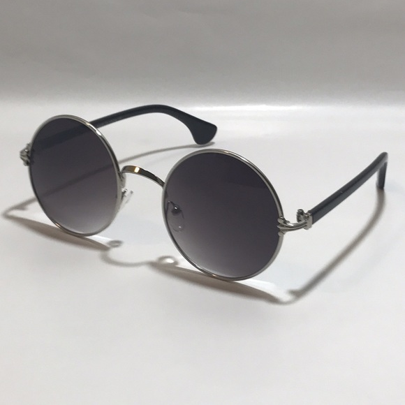 Black/Silver Unisex Circle Sunglasses - Picture 2 of 4