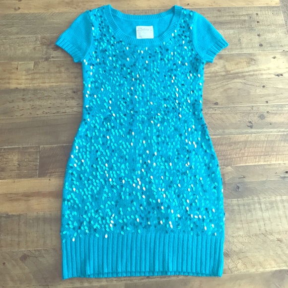 SOLD Justice sequined sweater dress teal blue - Picture 1 of 3