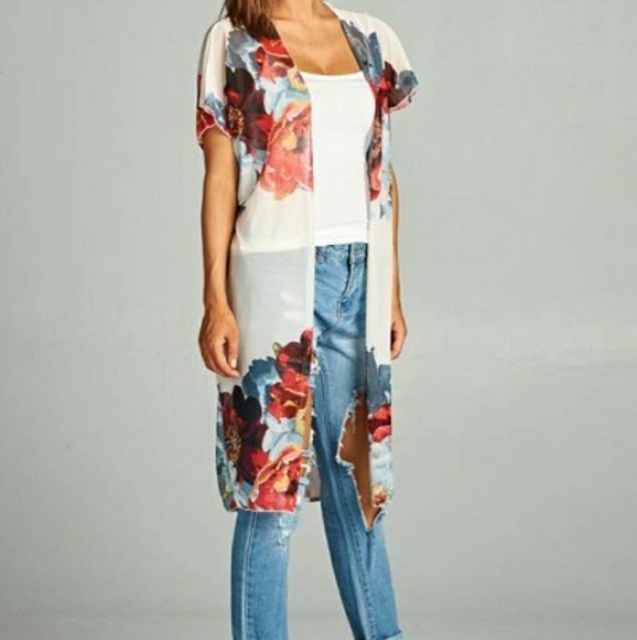 Ivory Floral Print Kimono - Picture 2 of 5