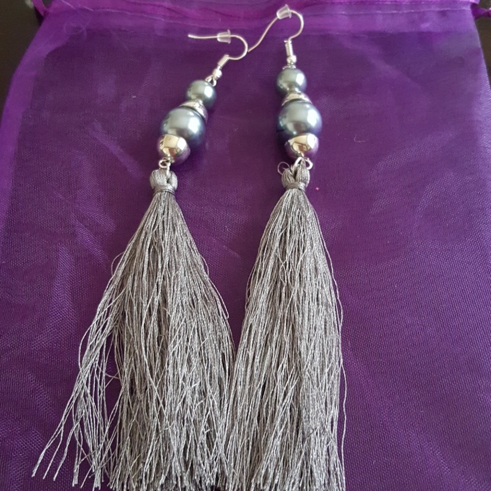 Grey Faux Pearl Tassel Earrings ~NWT