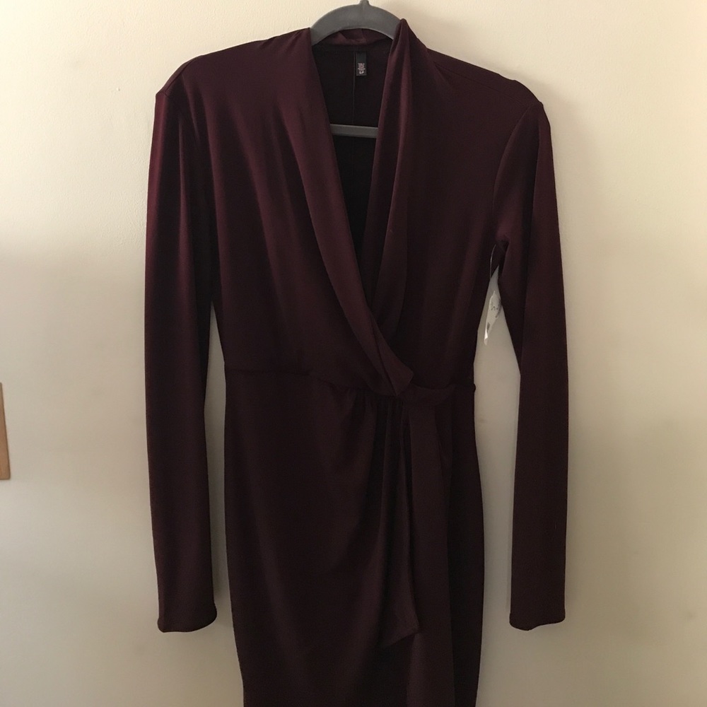 Burgundy mock wrap dress.