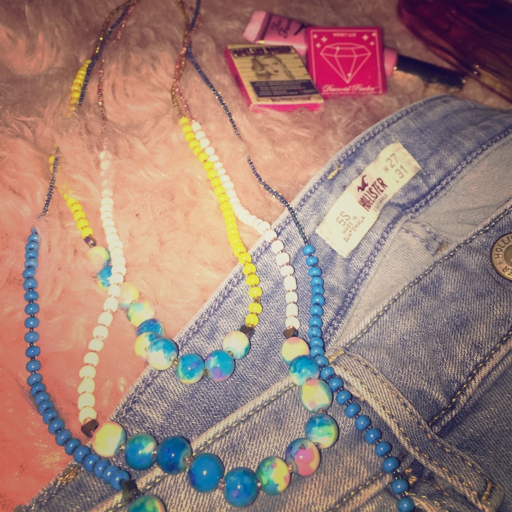 Boho blue pink white yellow layer necklace