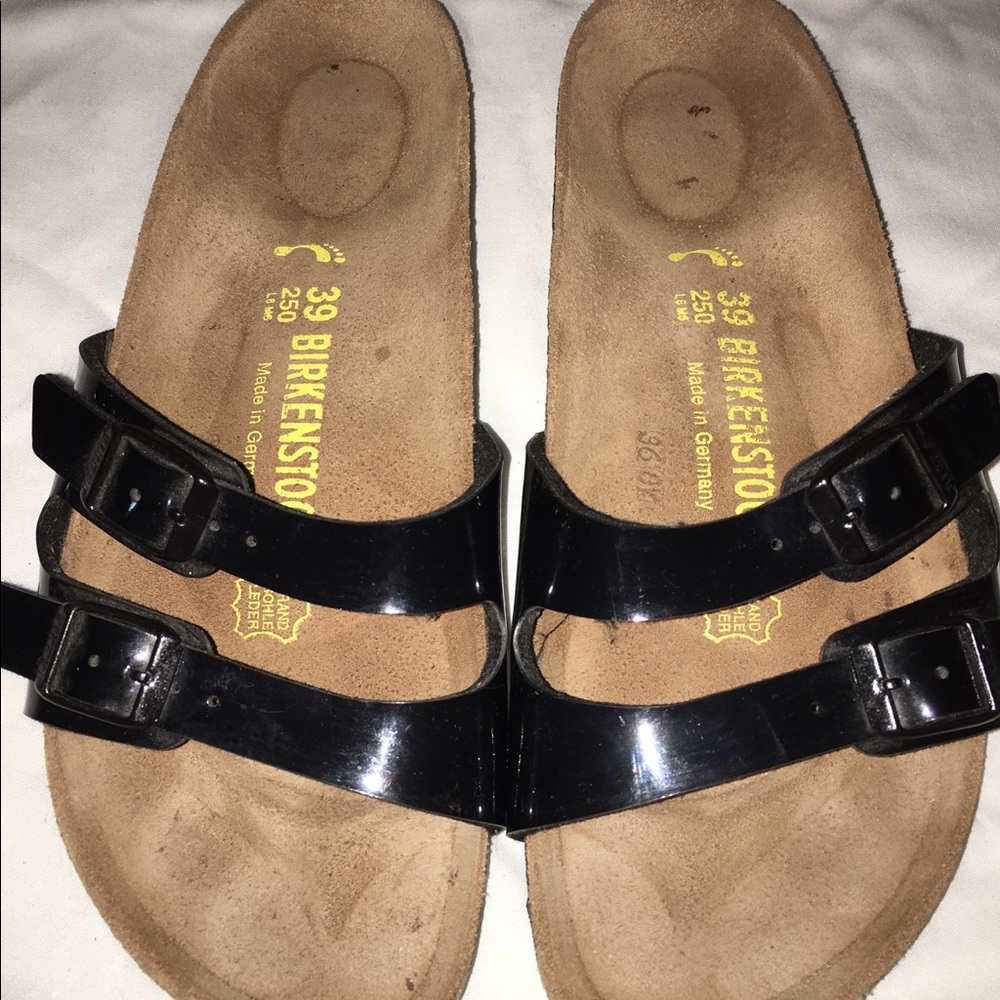 Birkenstock black patent leather two strap sandals