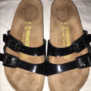 Birkenstock black patent leather two strap sandals