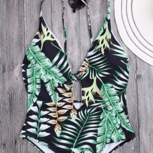 Tropical Palm Plunge One Piece Swimsuit