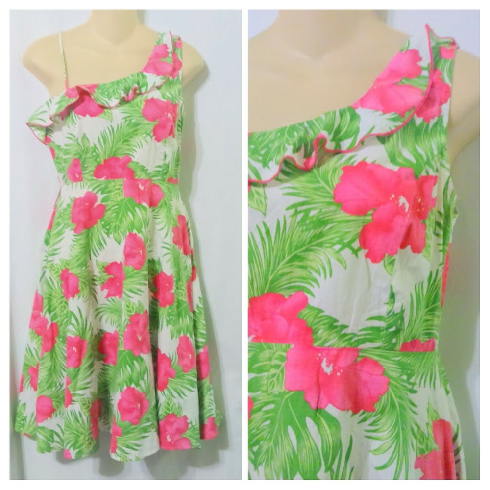 Natali Pink White Tropical One Shoulder Sundress *