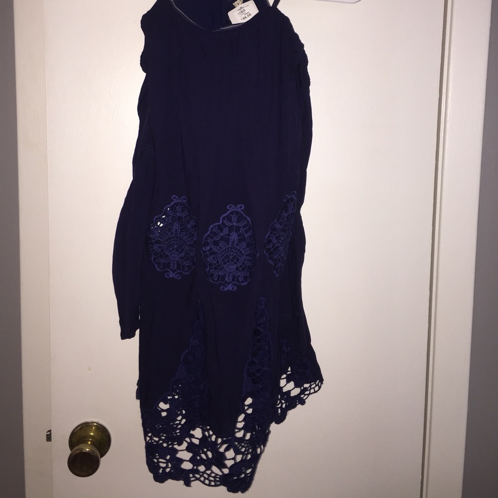 of the shoulder crochet detailing dark blue dress