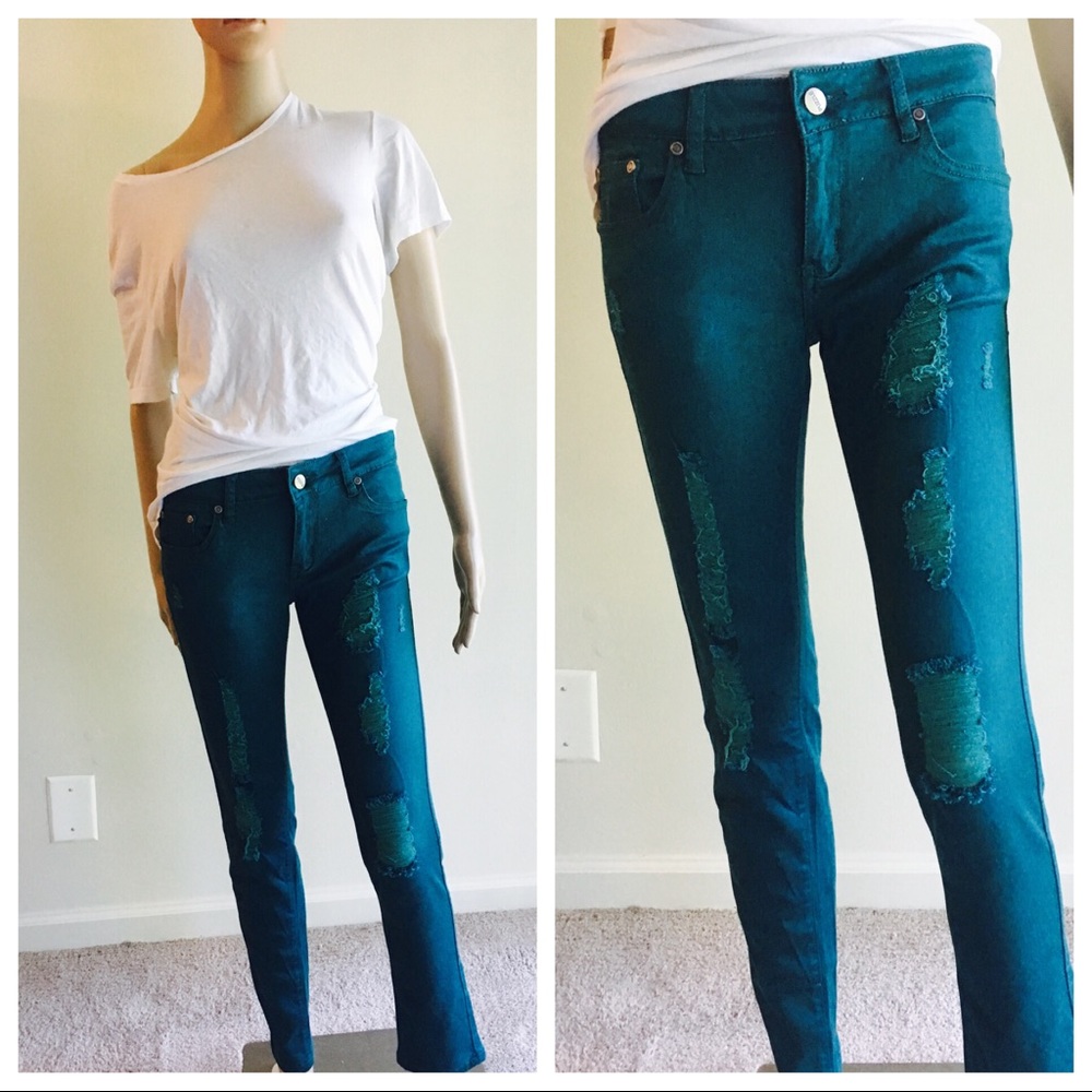 Puzzle Jeans-Dark Teal Blue Distressed Jeans