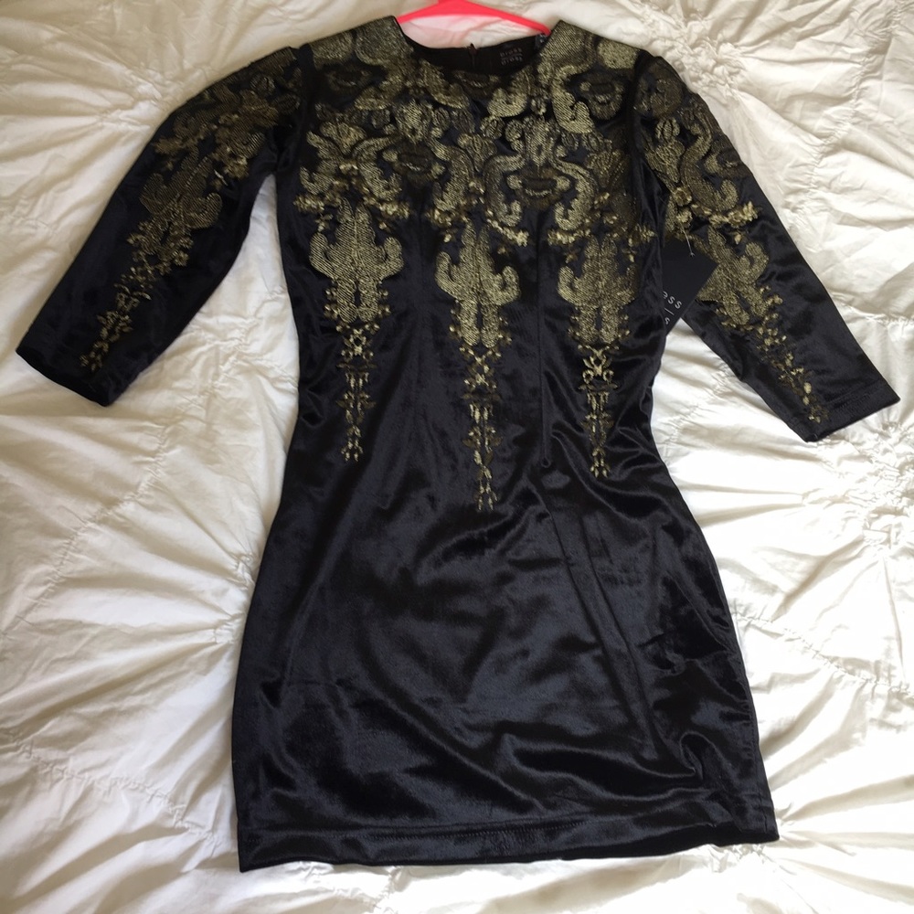 Gold Embroidered Black Velvet Dress