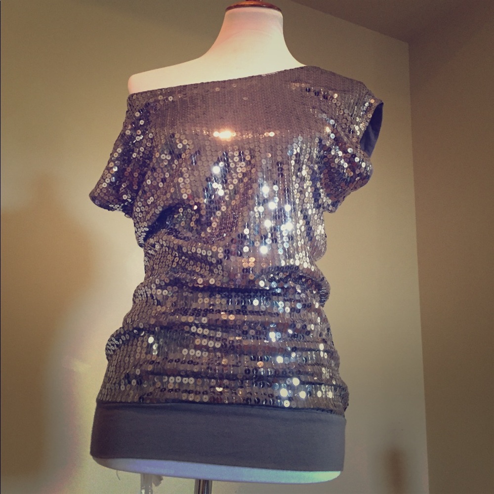 MARCIANO sequin silver top XS