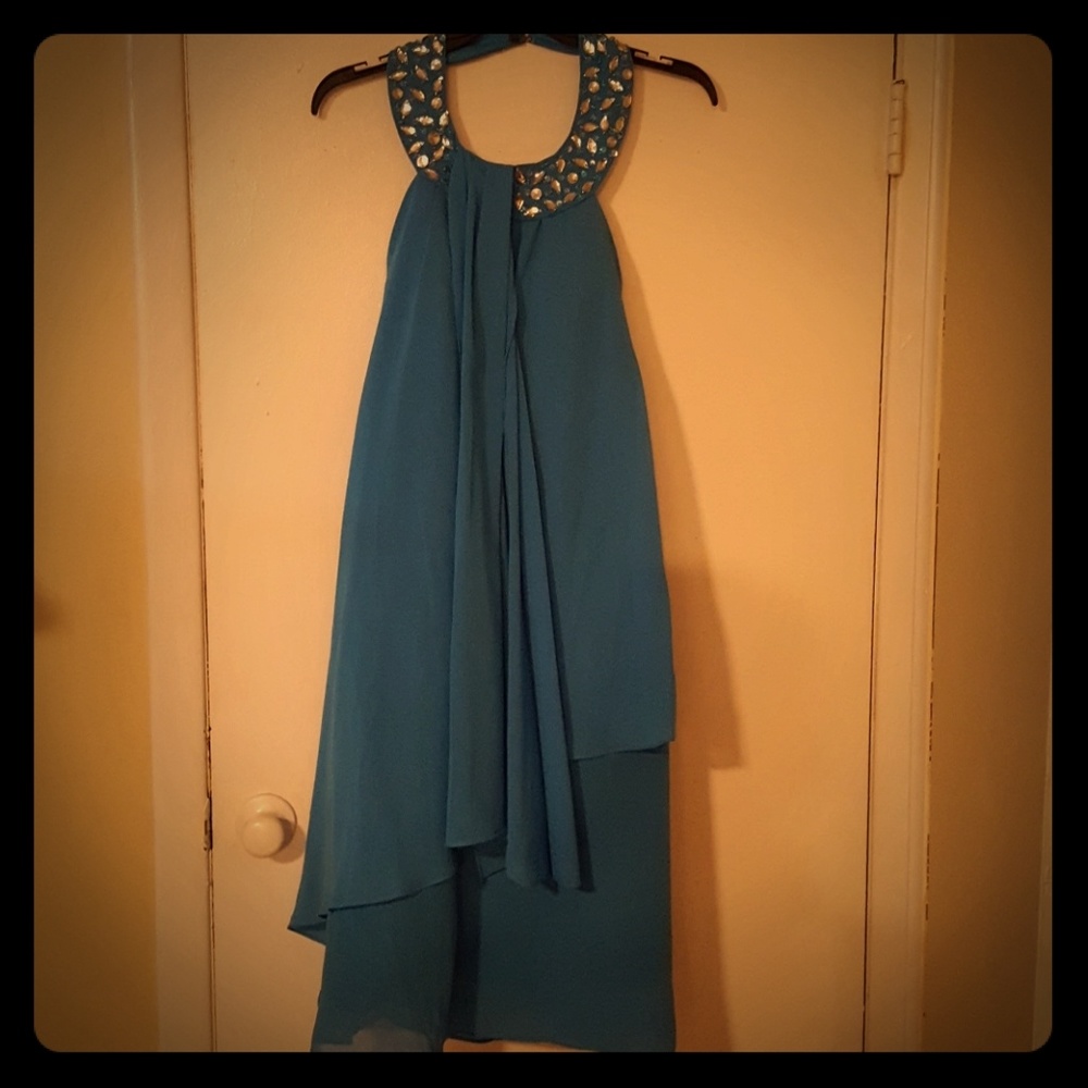 Blue mid length chiffon rhinestone dress