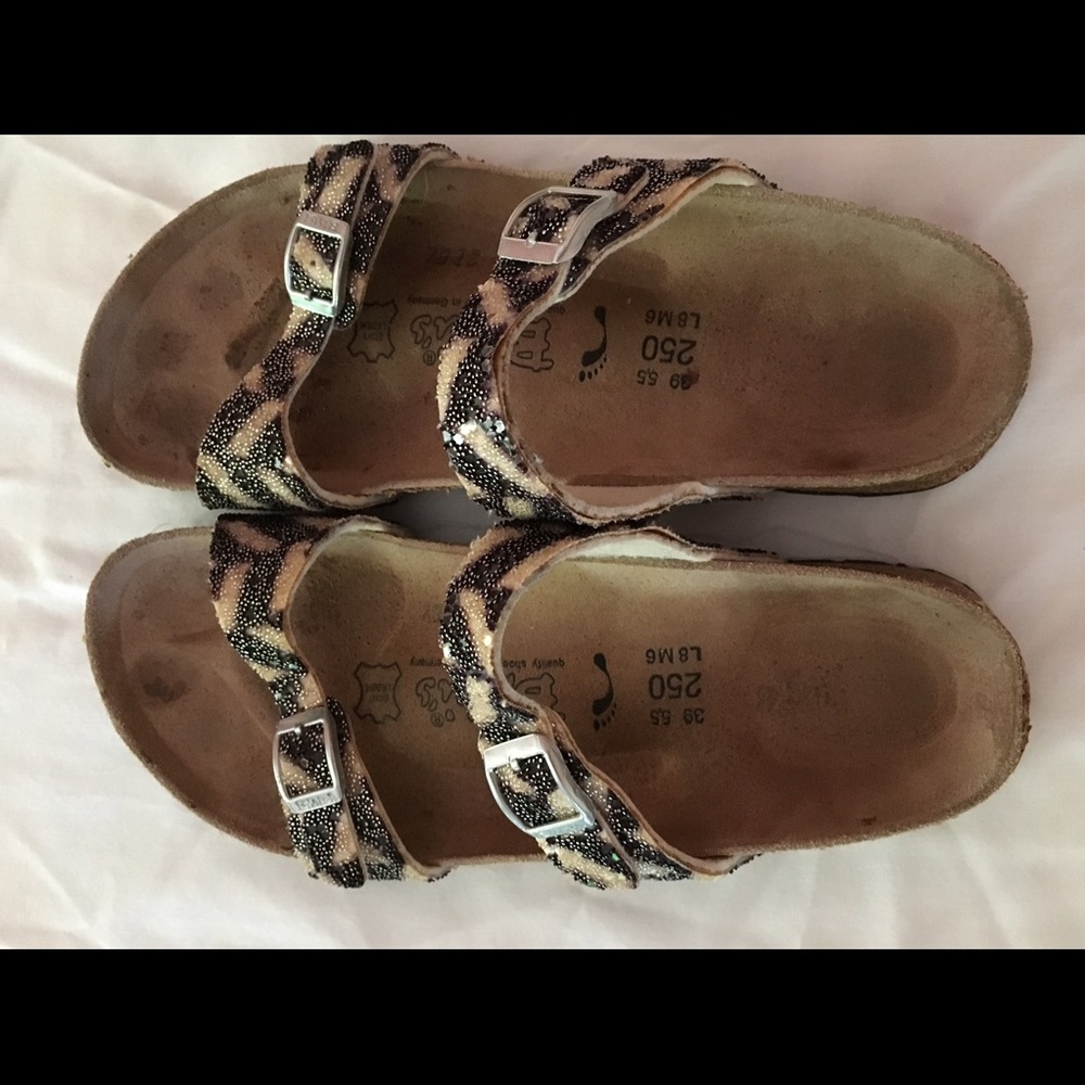 Black and white beaded Birkenstock sandals