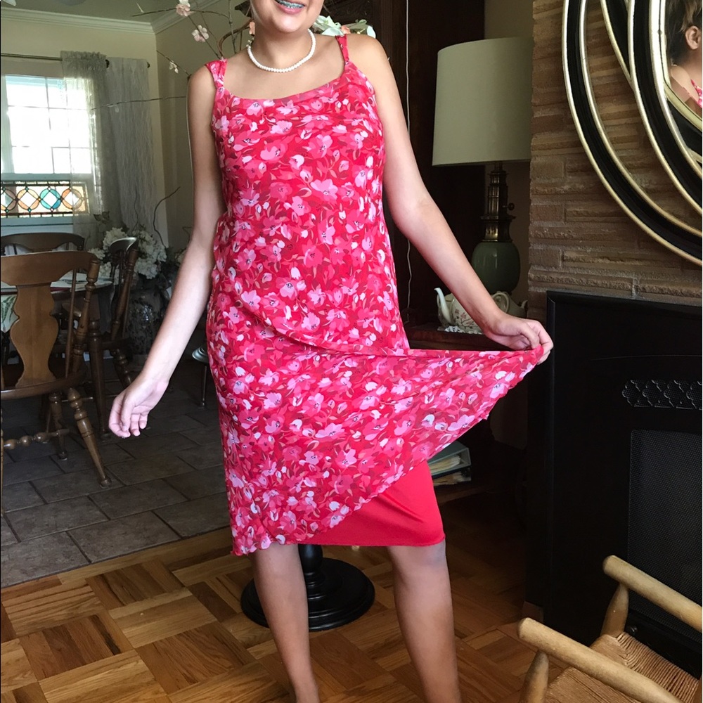 Floral Megan Matthews cherry red midi length dress