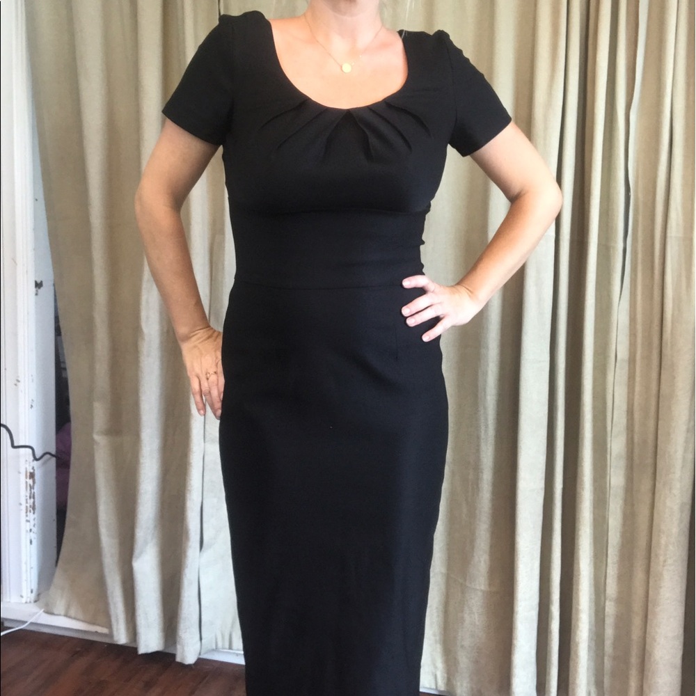 Black fitted wiggle dress with ruched bodice