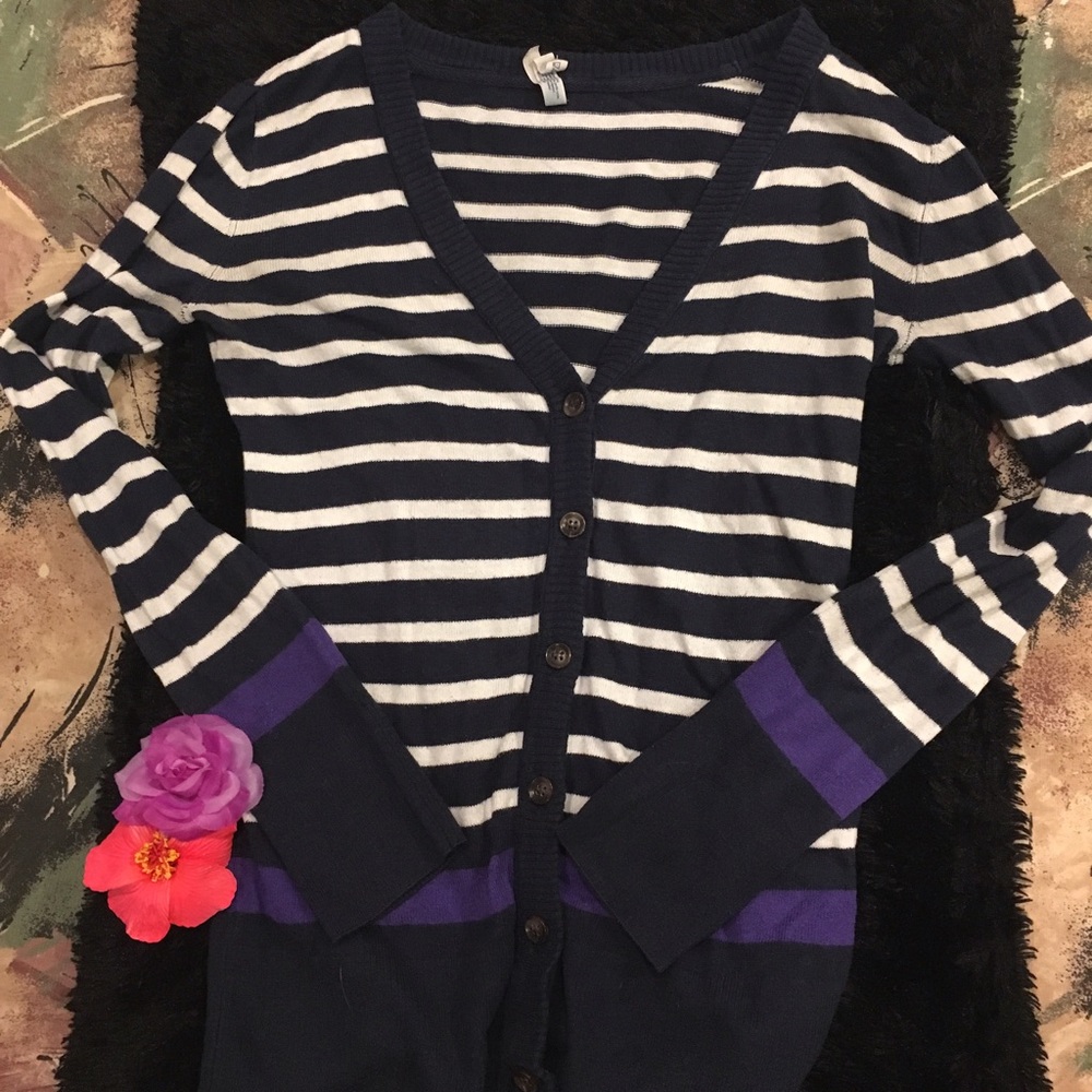 Dark blue and white with purple Striped cardigan